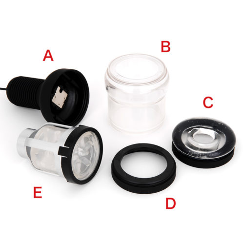 A10 Cyclone can be disassembled into five smaller parts for easy maintenance.
A: Handle (Not waterproof, do not wash)
B: Outer cup
C: Front cap
D: Spacer
E: Inner cup