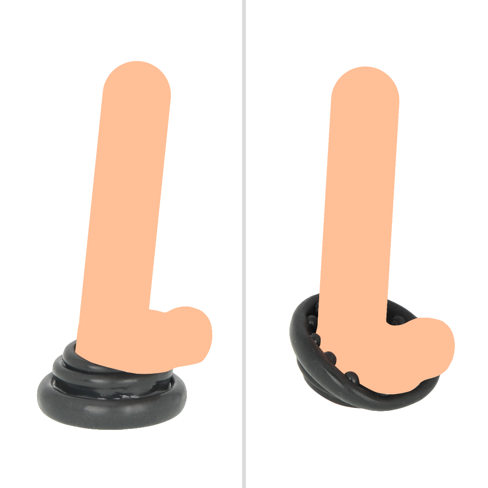 <b>[Through the Balls & Shaft (worn regularly/reversed)]</b> The most standard way to wear the product is to let it fit along your ejaculation duct, as shown in the photo (left); When worn inverted, the ring will naturally squeeze your shafts and can also stimulate the woman's clitoris at the same time.