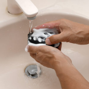 Waterproof. Rinse under running water to keep clean. The silicone body dries quickly for maximum convenience.