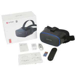 Contents include HMD unit, fixing band, exclusive remote controller, batteries (for remote controller), USB charging cable, conversion adapter, user's manual, warranty document.