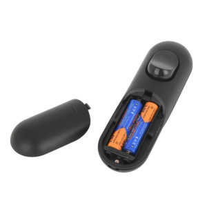 The remote controller is powered by two AAA batteries (included).  They can be inserted easily by opening the cover on the back of the unit. Power consumption is expected to be quite low.