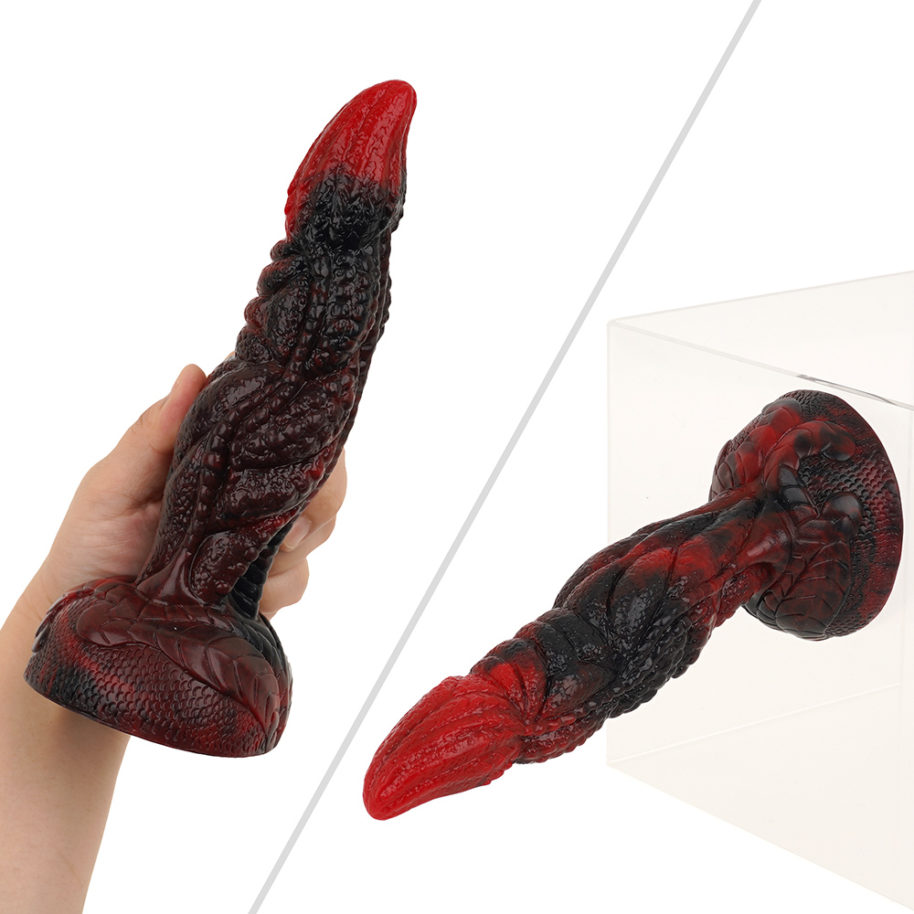 Among the series, this item features a modest size. The shaft with its exquisite curves, combined with the red and black mottled pattern, is quite sensual.