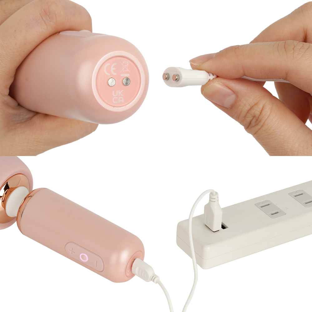 マグネット式USB充電仕様。フル充電までは約2.5時間、連続稼働は約60分です。IPX6の防水性能を備え、メンテナンスしやすいのも魅力です。