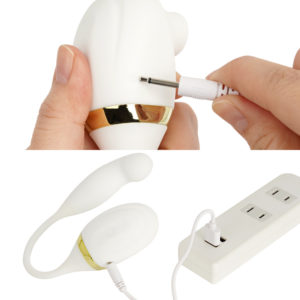 専用のピンジャックケーブルを使って充電します。フル充電までは約２時間、連続稼働は約50分です。充電中はライトが点滅します。