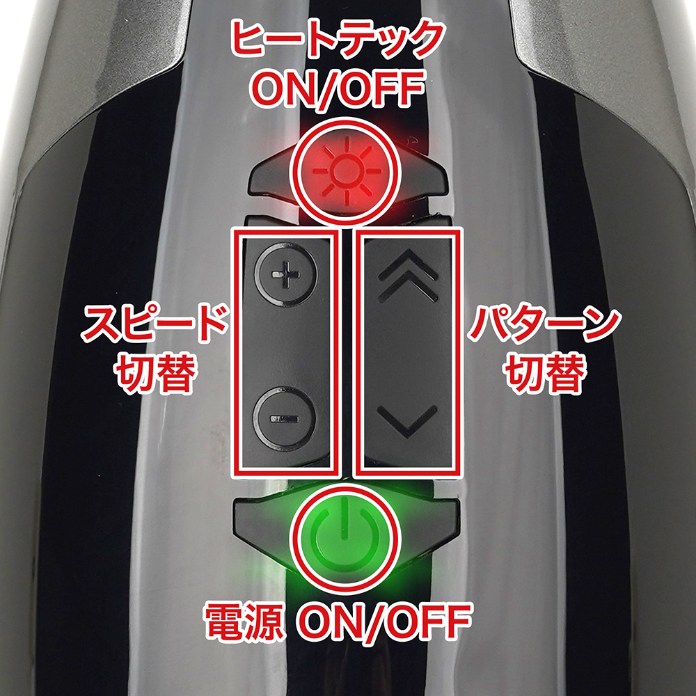 ピストン動作は６種類×３速の全18パターン。ヒートテック機能は安全のため、10～20分ほどで自動OFFします。