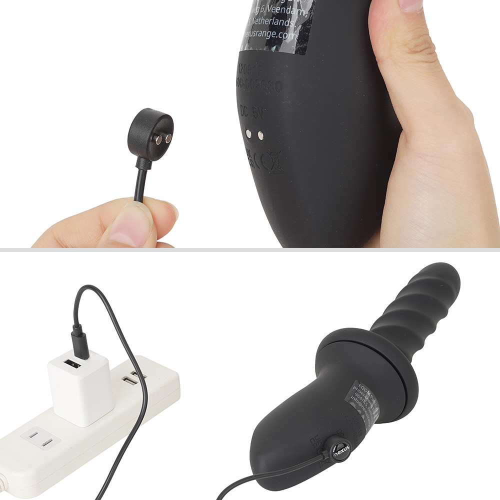 NEXUS純正のマグネット接続コード（USB-C仕様）が付属します。フル充電までは約2.5時間、連続稼働は約60分です。